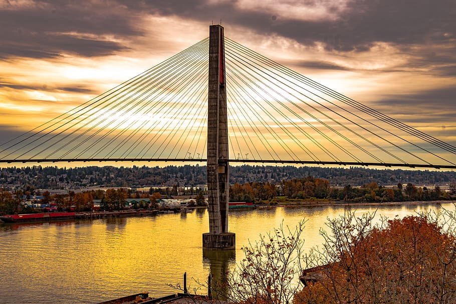 suspension bridge, autumn, sunset, landscape, picturesque, scenery, beauty, sundown, cloudy, riverbank