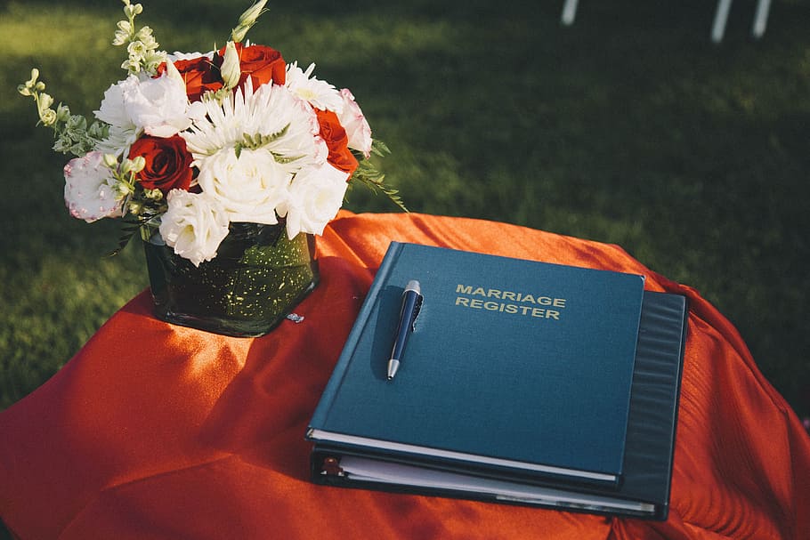 book, wedding, Register, various, marriage, married, red, flower, life events, bouquet