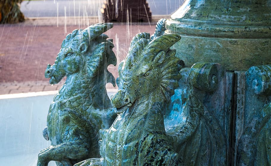 dragons, fountain, water, sculpture, outdoor, statue, art and craft, craft, creativity, representation