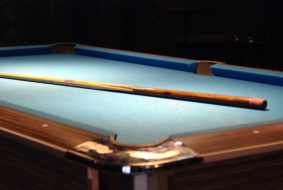blue, brown, billiard table, cue, stick, table, taco, billiards, pool Game, pool Cue