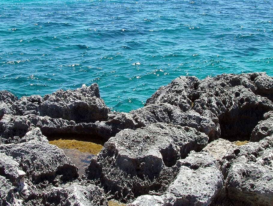 rochas, água, ondas, azul, oceano, mar, agua, Rocha, sólido, praia