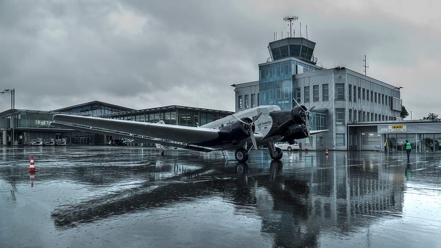 airport, junkers, ju 52, paderborn, clouds, aircraft, historically, flyer, old, auntie ju