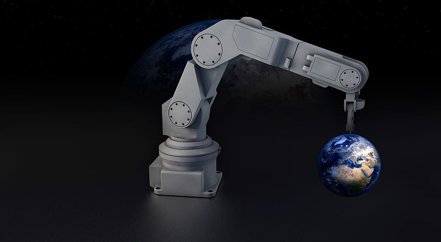 white, robotic, arm, holding, earth lamp, robot, robot arm, earth, globe, machine