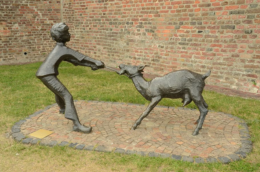 statue, boy, goat, draw, brass, opposition, child, rees, germany, brick