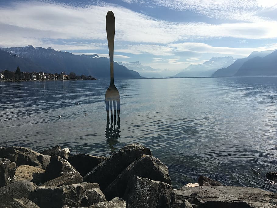 forced, perspective photography, stainless, steel fork, sea, daytime, fork, lake, vevey, switzerland
