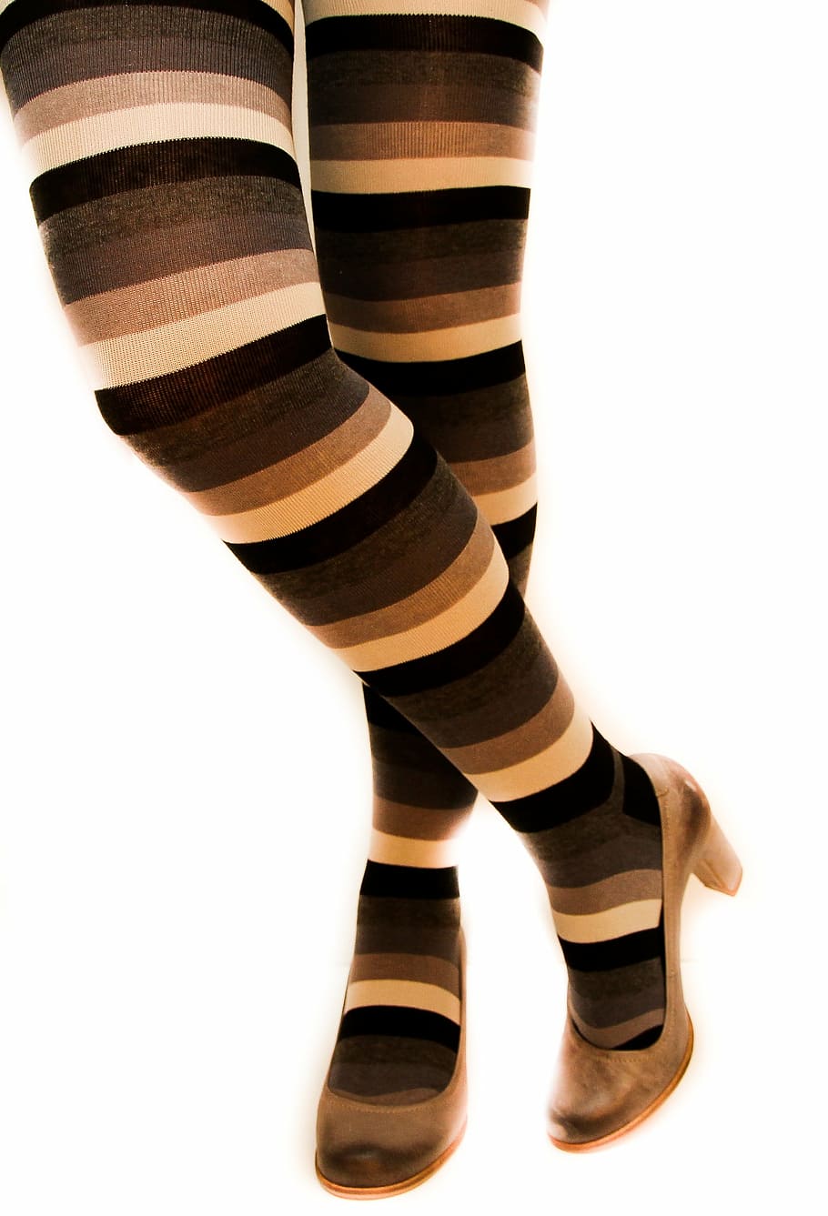 person, wearing, brown, high, socks, stripped leggings, long socks, ladies shoes, human Leg, sock