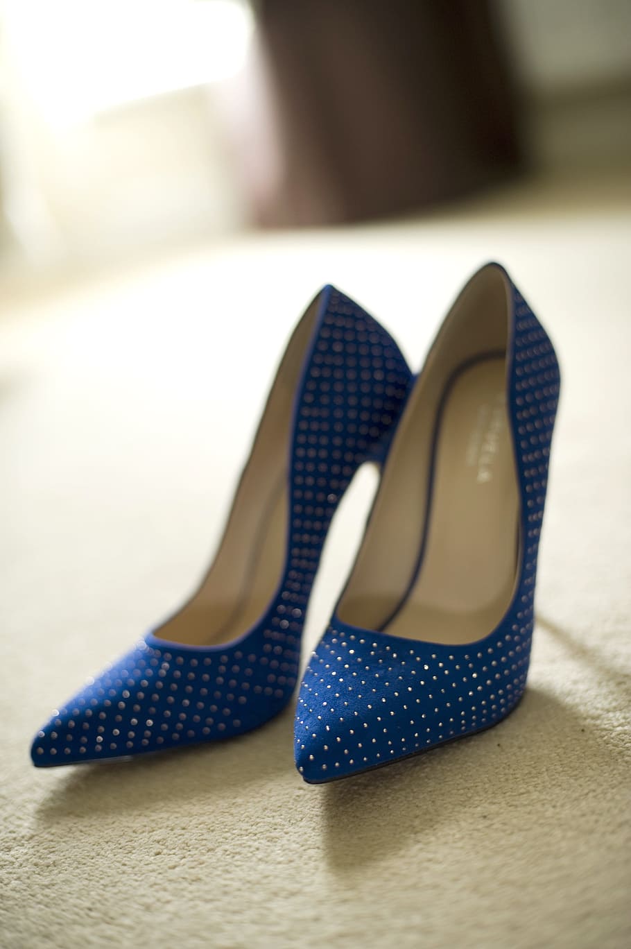 pair, women, blue, polka-dot pointed-toe heels shoes, stilettos, shoes, heels, bridal, high heels, dotted