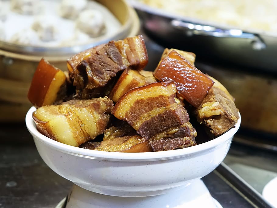 cooked, meat, white, ceramic, bowl, Braise, Pork, Soy Sauce, Fat, Asian