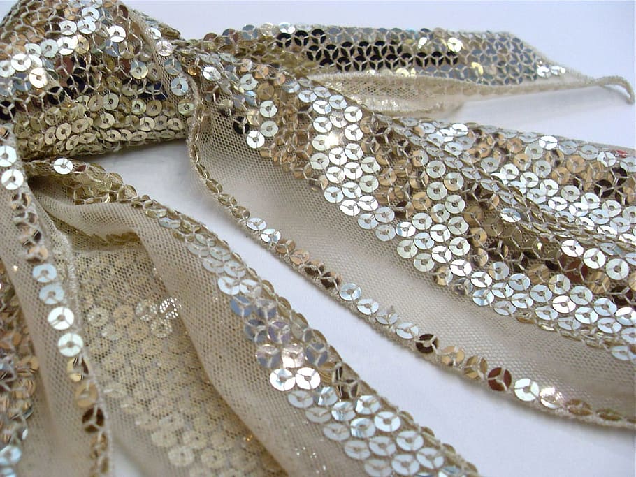 gold, sequined, scarf, white, surface, Close-Up, Macro, Sequins, Textiles, fabric