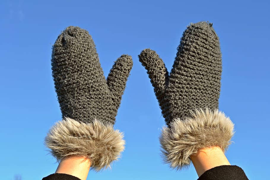 pair, gray, knitted, gloves, mittens, pels, blue sky, winter, winter clothes, hands