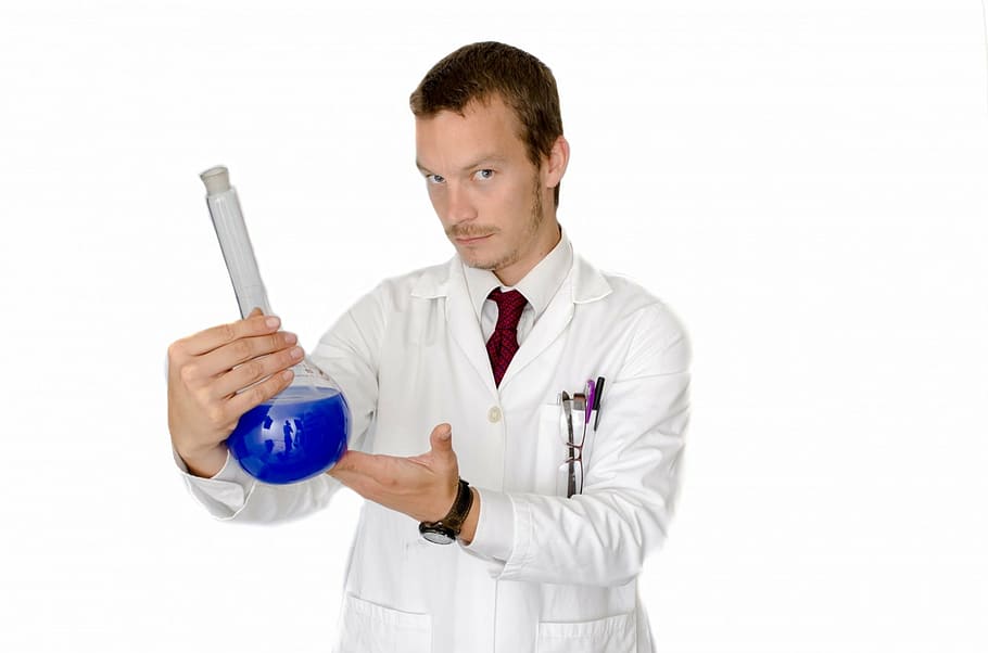 man, wearing, laboratory robe, holding, clear, glass container, coat, people, laboratory, lab