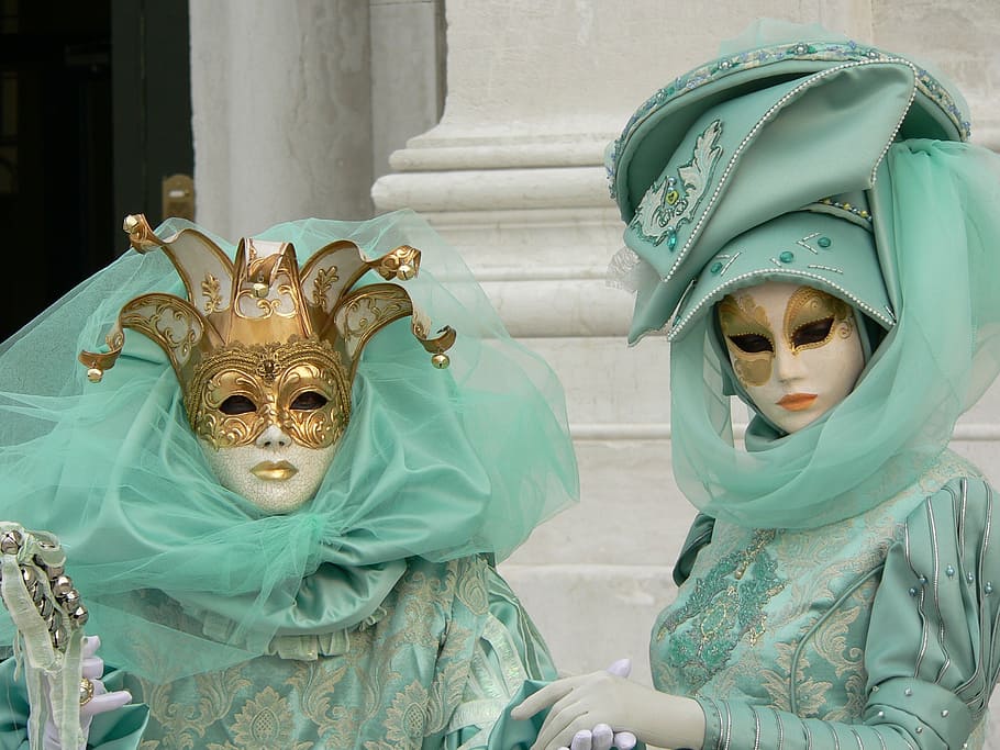 two, person, wearing, masquerade masks, venice, carnival, costumes, mask, venice - Italy, mask - Disguise
