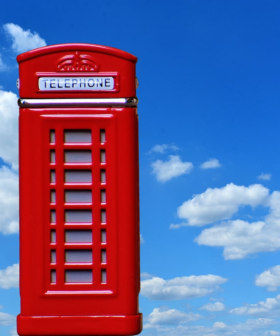 電話ブース, イギリス, 赤, 空, 青, コミュニケーション, テキスト, 建築, 造られた構造, 電話