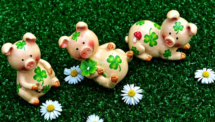 three, pink, ceramic, pig figurines, lucky pig, figures, cute, luck, shamrocks, lucky charm