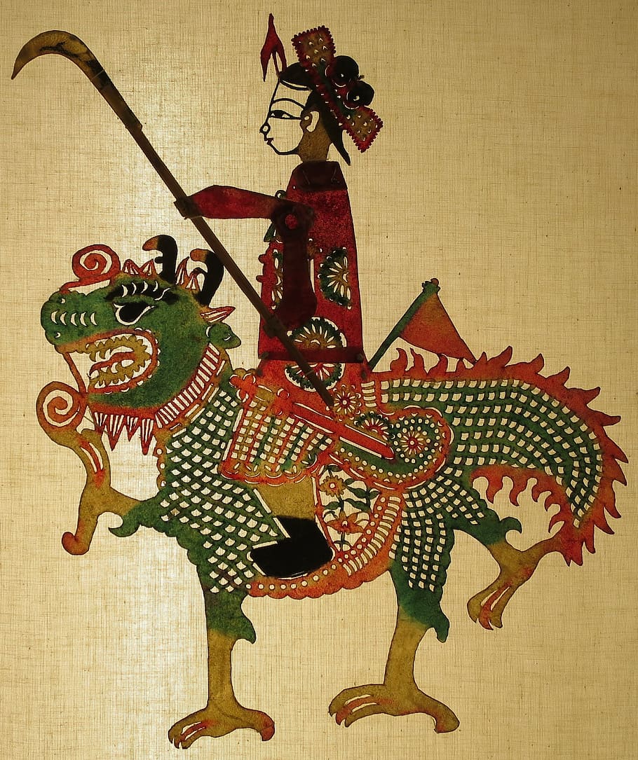 orang, mengenakan, merah, atas, naik, hijau, lukisan ilustrasi naga, lukisan, perempuan, prajurit