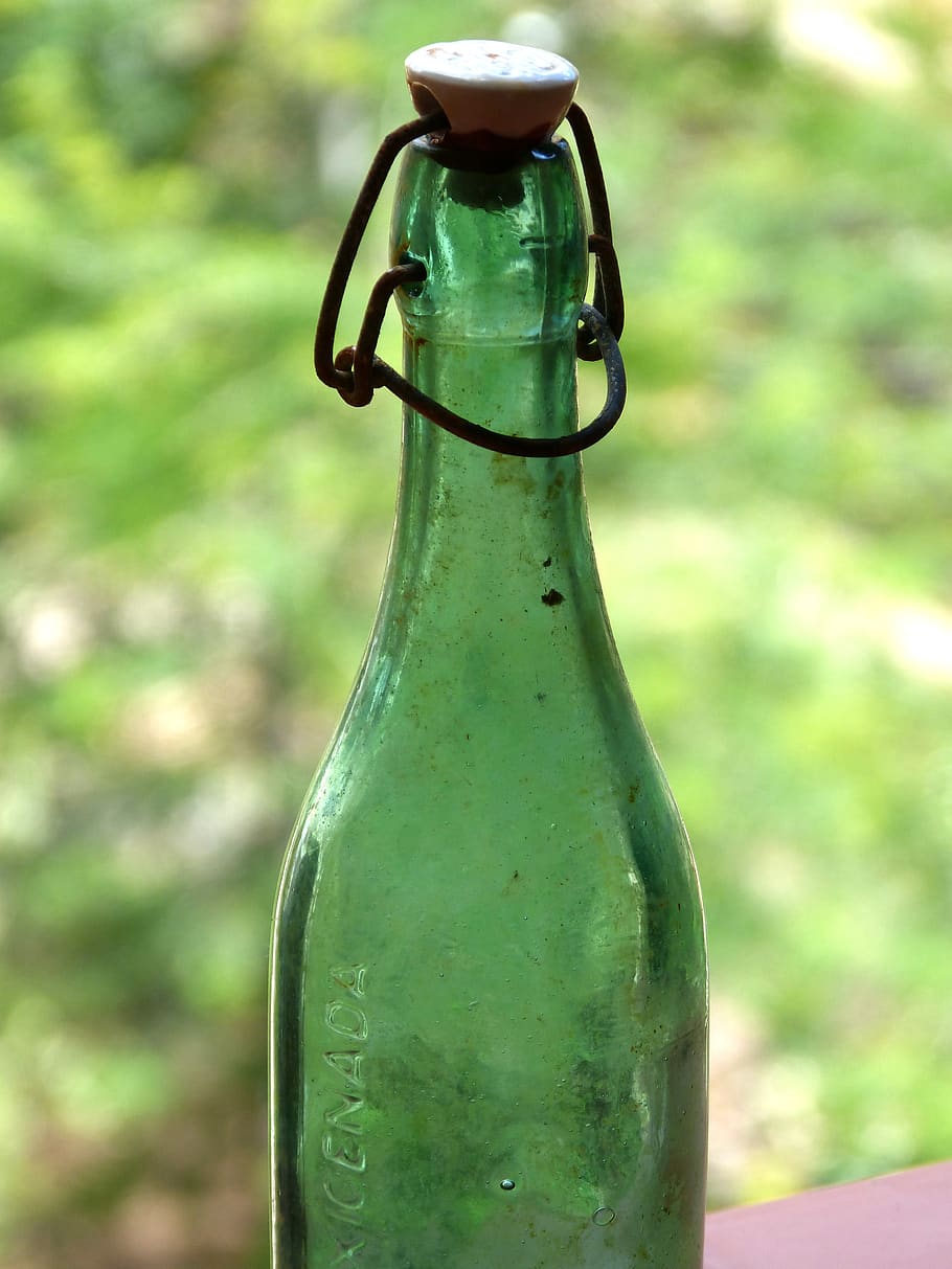 bottle, green glass, old, vintage, peroxide, focus on foreground, container, green color, day, close-up