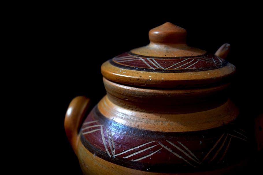 vase, jar, old, pre columbian, culture, black background, indoors, close-up, still life, studio shot