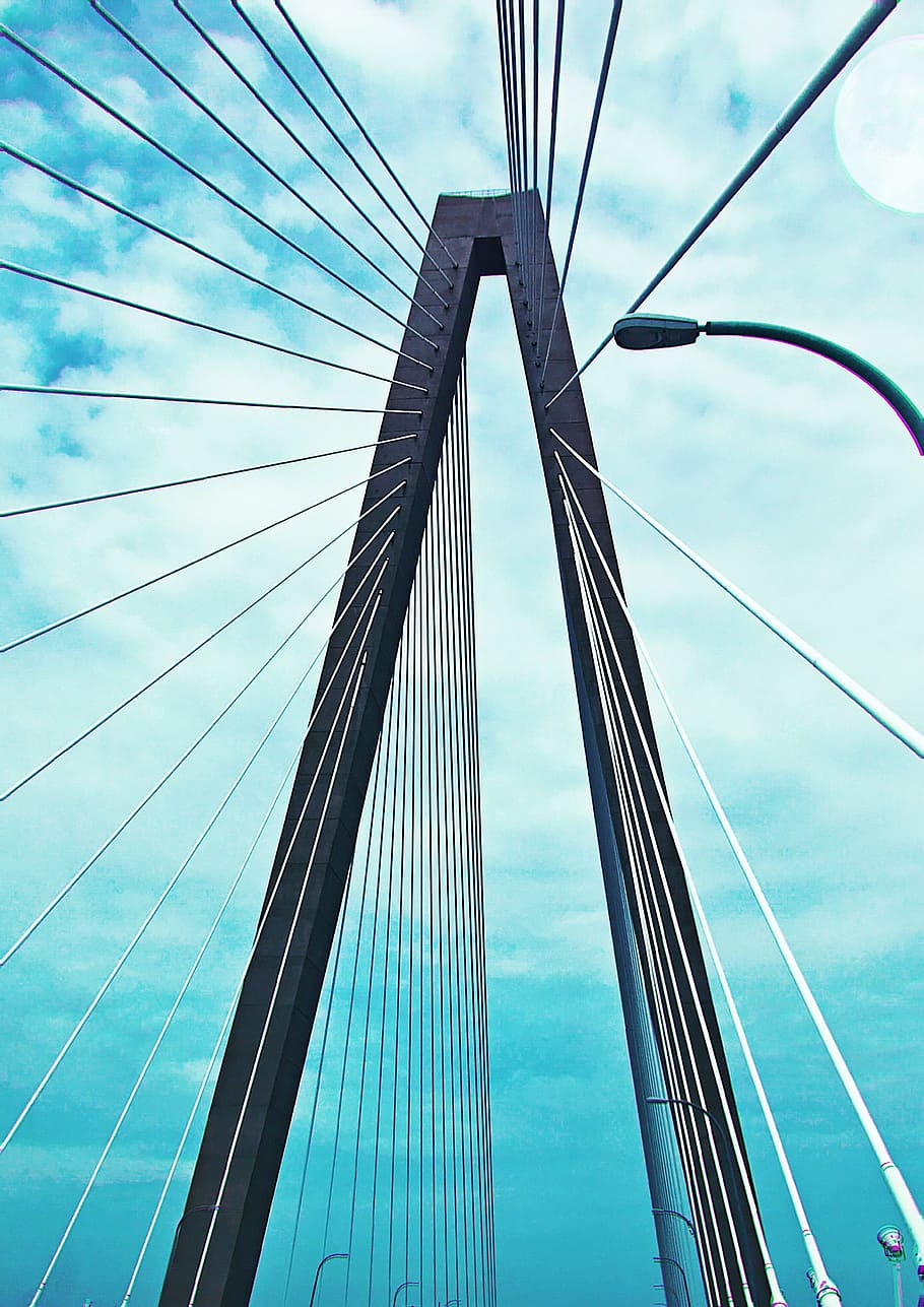 Ponte, nuvens, céu, ponte de arthur ravenel, carolina do sul, suspensão Ponte, ponte - estrutura sintética, cabo de aço, arquitetura, corda