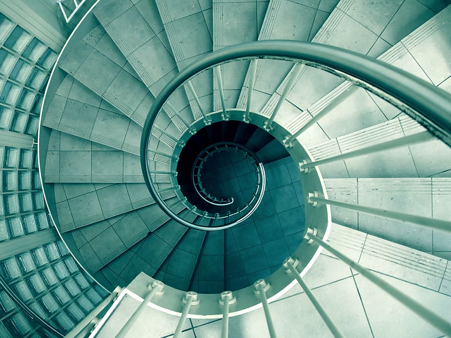escada em espiral clara, fotografia, cinza, espiral, escadas, escada, etapas, arquitetura, círculo, estrutura completa