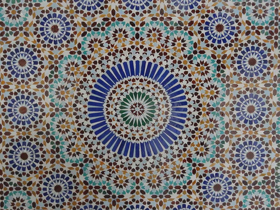 azul, branco, marrom, floral, trabalho artístico, mosaico, mesquita, geometria, telha, rosas