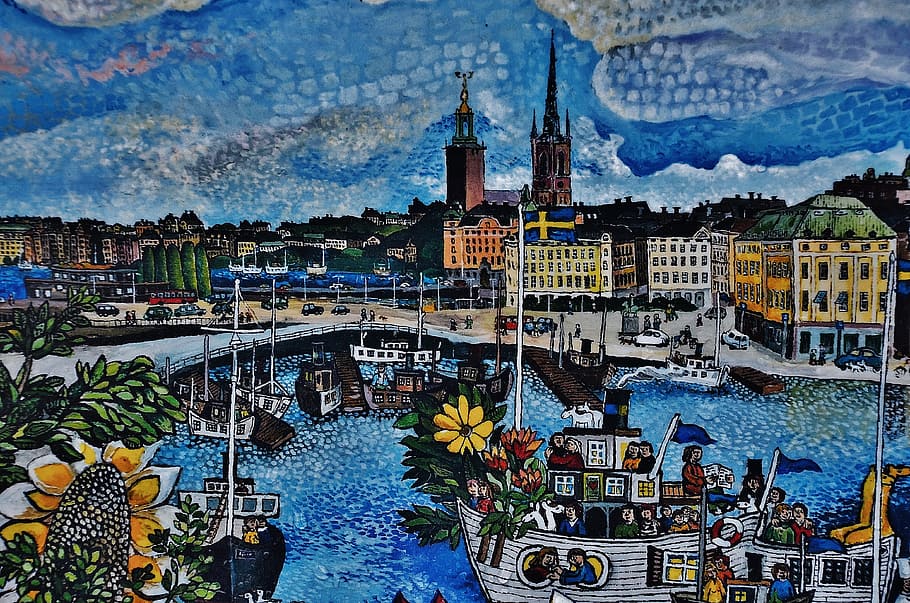painting, city buildings, stockholm, sweden, city, europe, scandinavia, town, european, cityscape