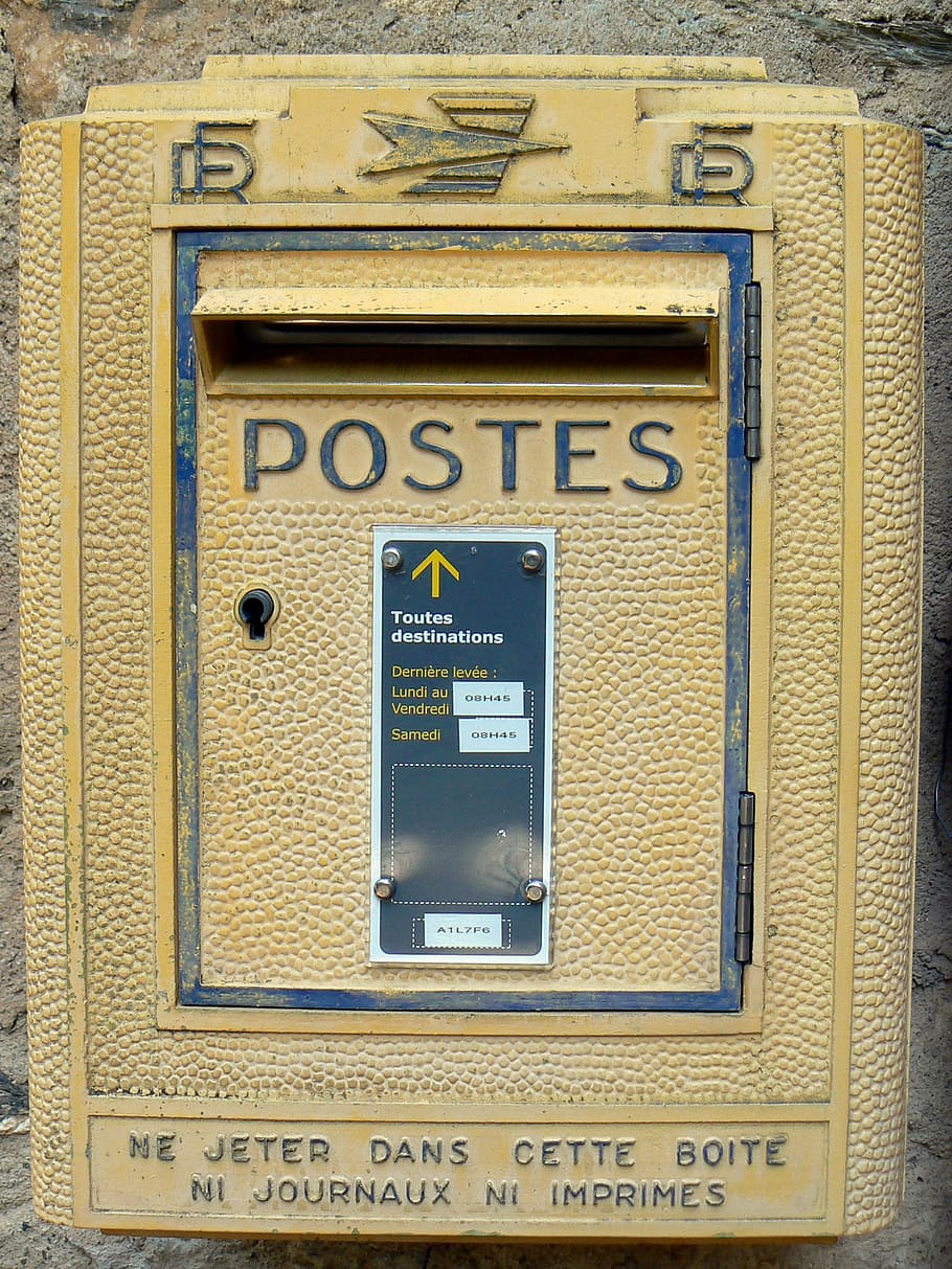 mailbox, france, posts, yellow, mail, communication, text, western script, sign, metal