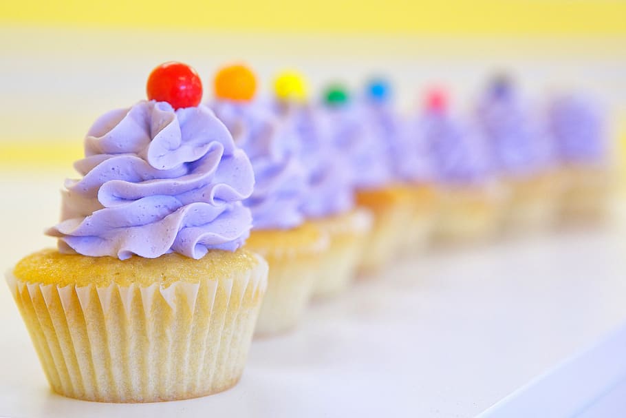 cupcakes, frosting, purple, gumball, delicious, party, sugar, celebration, decorated, baking