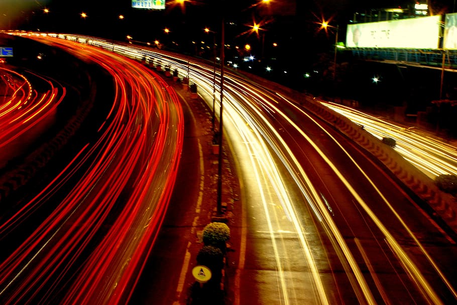 carretera, tráfico, luces, automóviles, luces traseras, luces delanteras, velocidad, larga exposición, transporte, noche