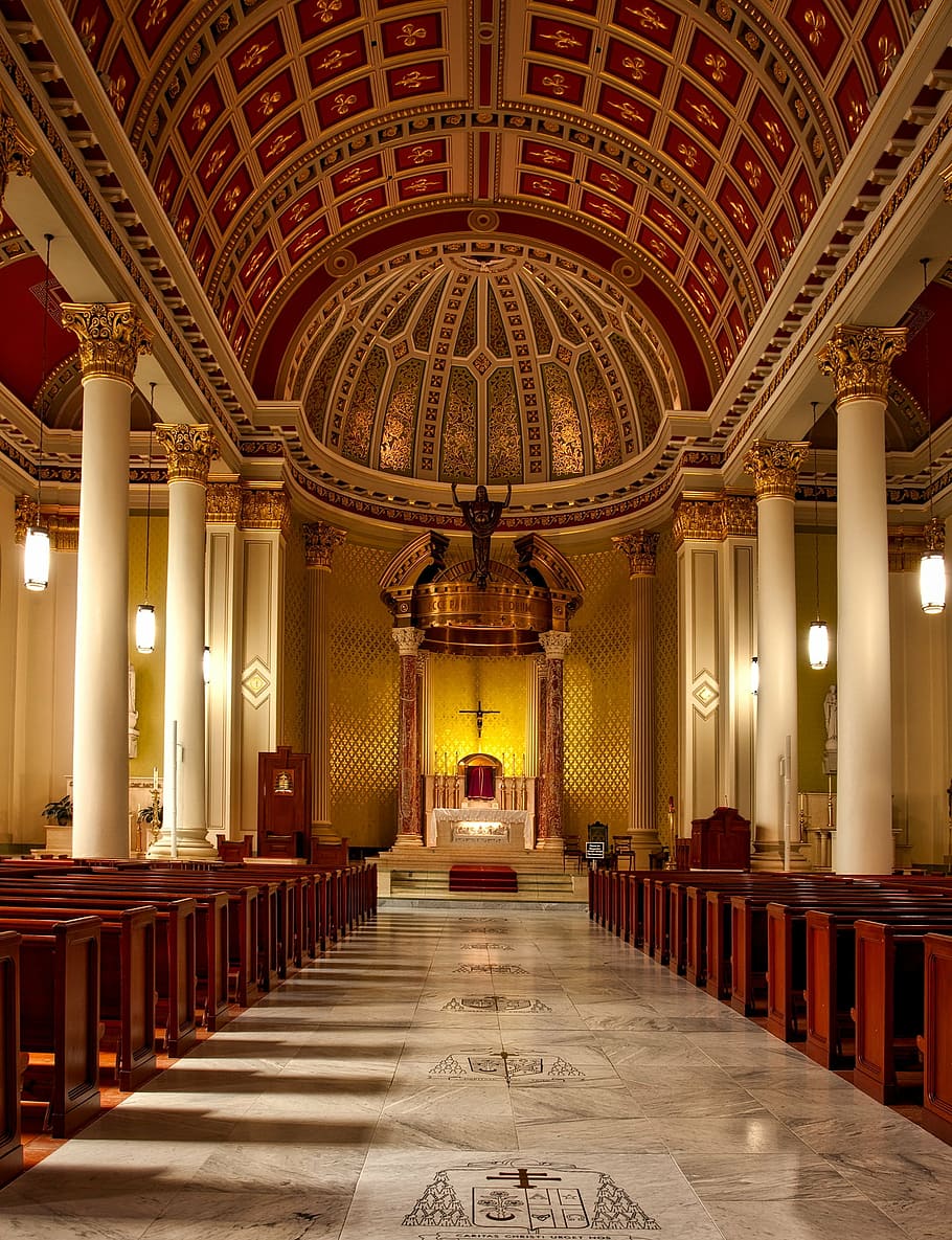 interior, view, church, lights, turned, cathedral, the immaculate conception, mobile, alabama, catholic