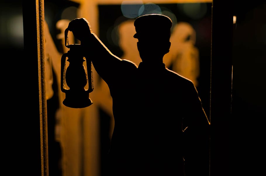 silhouette, lantern, light, back-lit, indoors, holding, adult, men, occupation, one person