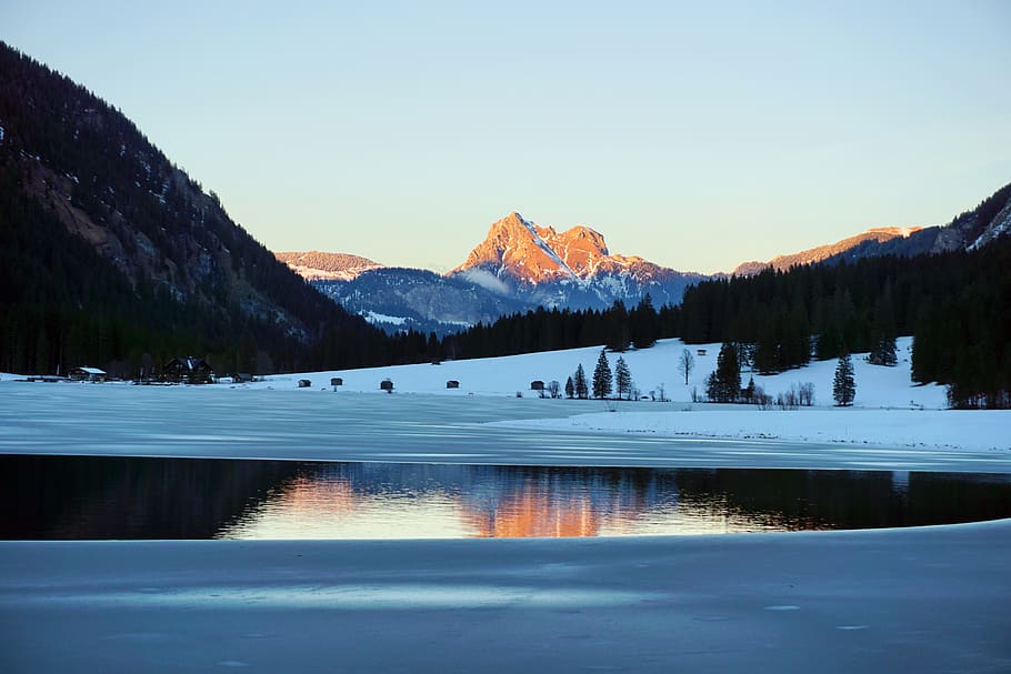 vilsalpsee, ice, alpine, tannheim, water reflection, evening light, rest, harmony, alpenglühen, mountain landscape
