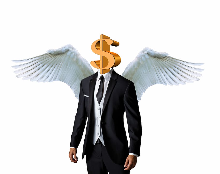 homens, preto, branco, formal, ilustração de terno, anjo de negócios, dólar, dinheiro, investidor, investimento