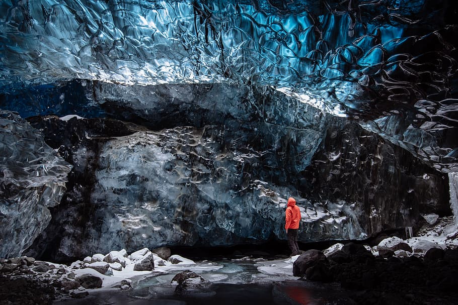 person, standing, front, cave, adventure, cold, fun, ice, landscape, outdoors