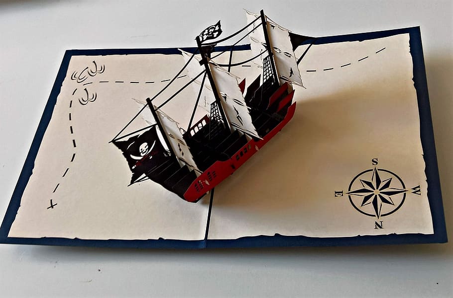 黒, 赤, ガレオン船の図, ガレオン船, 図, 地図, 挨拶, 海賊船, 3 d印刷, 折りたたみ