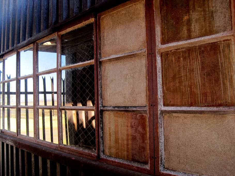 window, row of windows, opaque panes, clear reflecting panes, light, corrugated iron, shed, architecture, wood - material, built structure