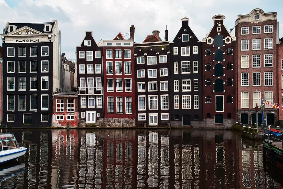 several high-rise buildings, amsterdam, netherlands, city, canal, architecture, nautical Vessel, house, dutch Culture, europe