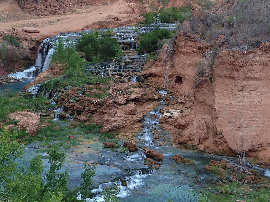 waterfalls, flowing, rivers, streams, creeks, dry, lands, flora, plants, green