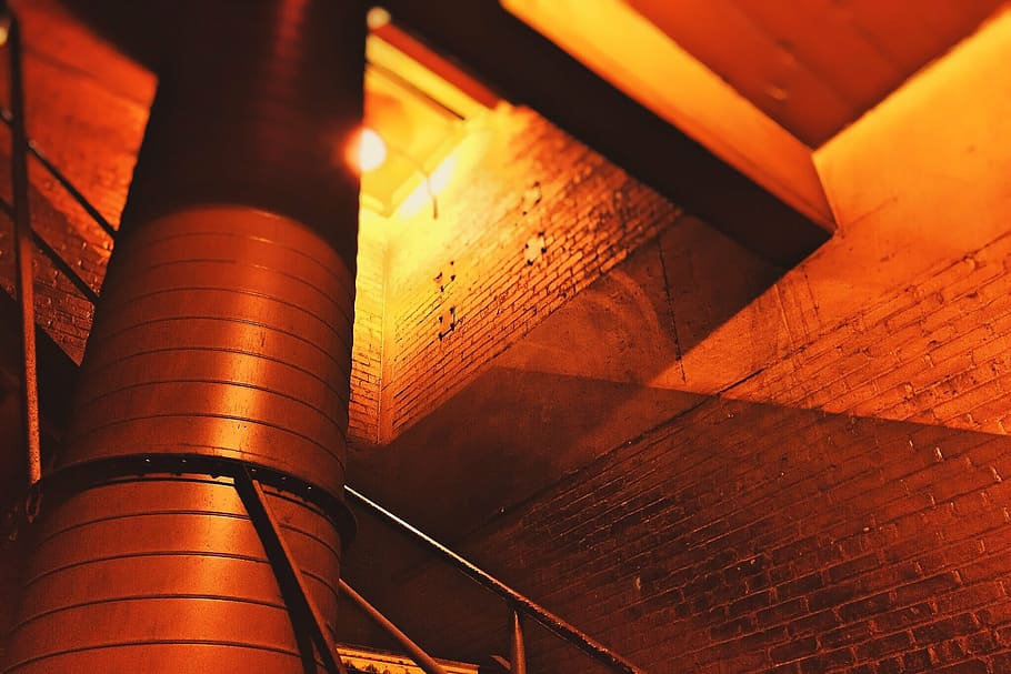 factory, stairwell, brick, industrial, building, wood - material, sunlight, indoors, metal, built structure