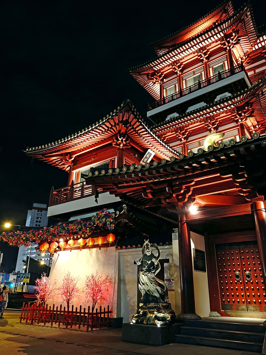 Vista, templo japonés, templo de la reliquia del diente de Buda, Singapur, barrio chino, budismo, atracción turística, religión, noche, iluminación