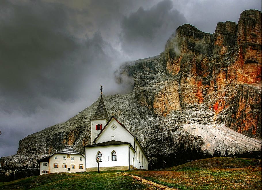 white, brown, chapel, cliff, daytime, dolomites, alta badia, nature, unesco world heritage, south tyrol