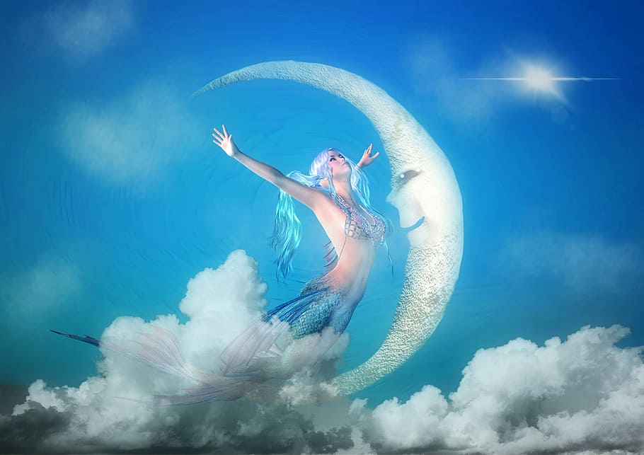lua 3, modelo, azul, sereia, pulando, lua, modelo 3d, nuvens, fantasia, fotos