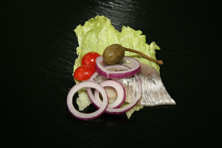 herring, marinated herring, onion, salad, food, dining, taste, served, danish specialty, capers