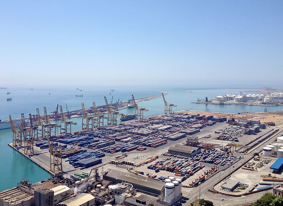 aerial, view, shipment containers, barcelona, port, freight harbor, spain, sea, catalonia, mediterranean