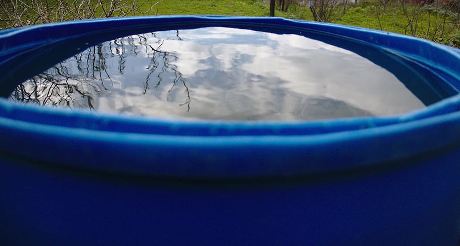barrel, water, reflection, nature, container, field, plastic, blue, day, plant