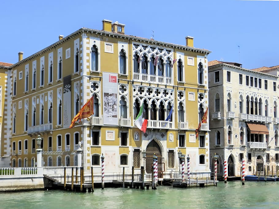 Italia, Venecia, Gran Canal, Palacio, ca 'd'oro, reflexión, muelle, fachadas, arquitectura, amarillo