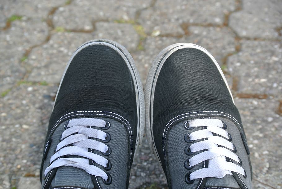 Sapatos, Vans, Estrada, Tênis, Perdido, cinza, preto, cadarço, asfalto, branco preto