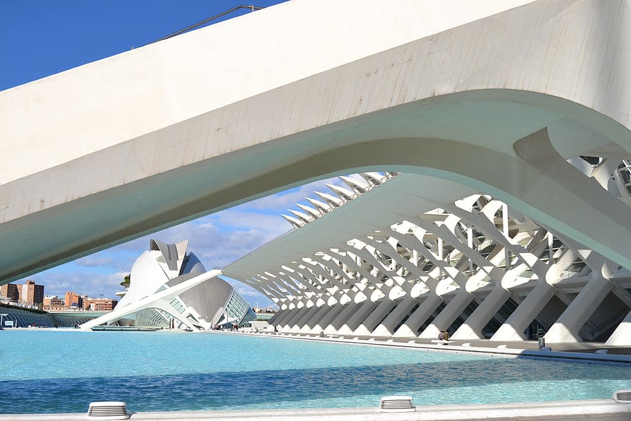 city of arts and sciences, valencia, travel, spain, architecture, built structure, water, transportation, bridge, day
