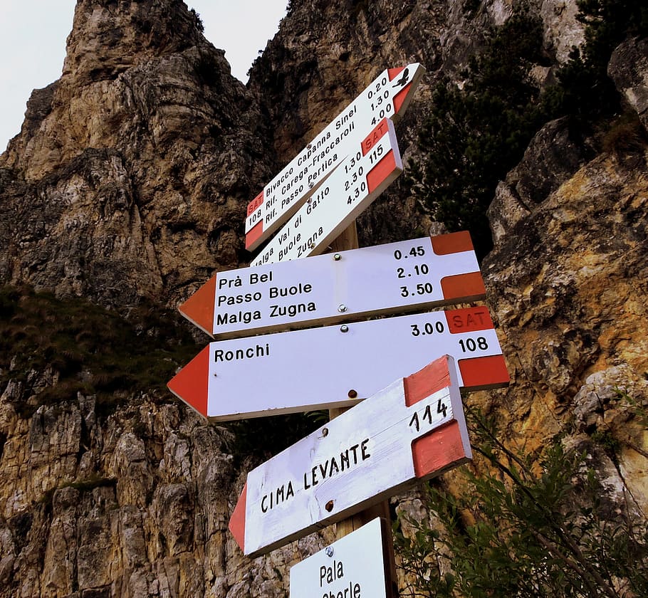 crossroads, mountain, hiking, rock, nature, trail, indication, direction, trekking, cartel