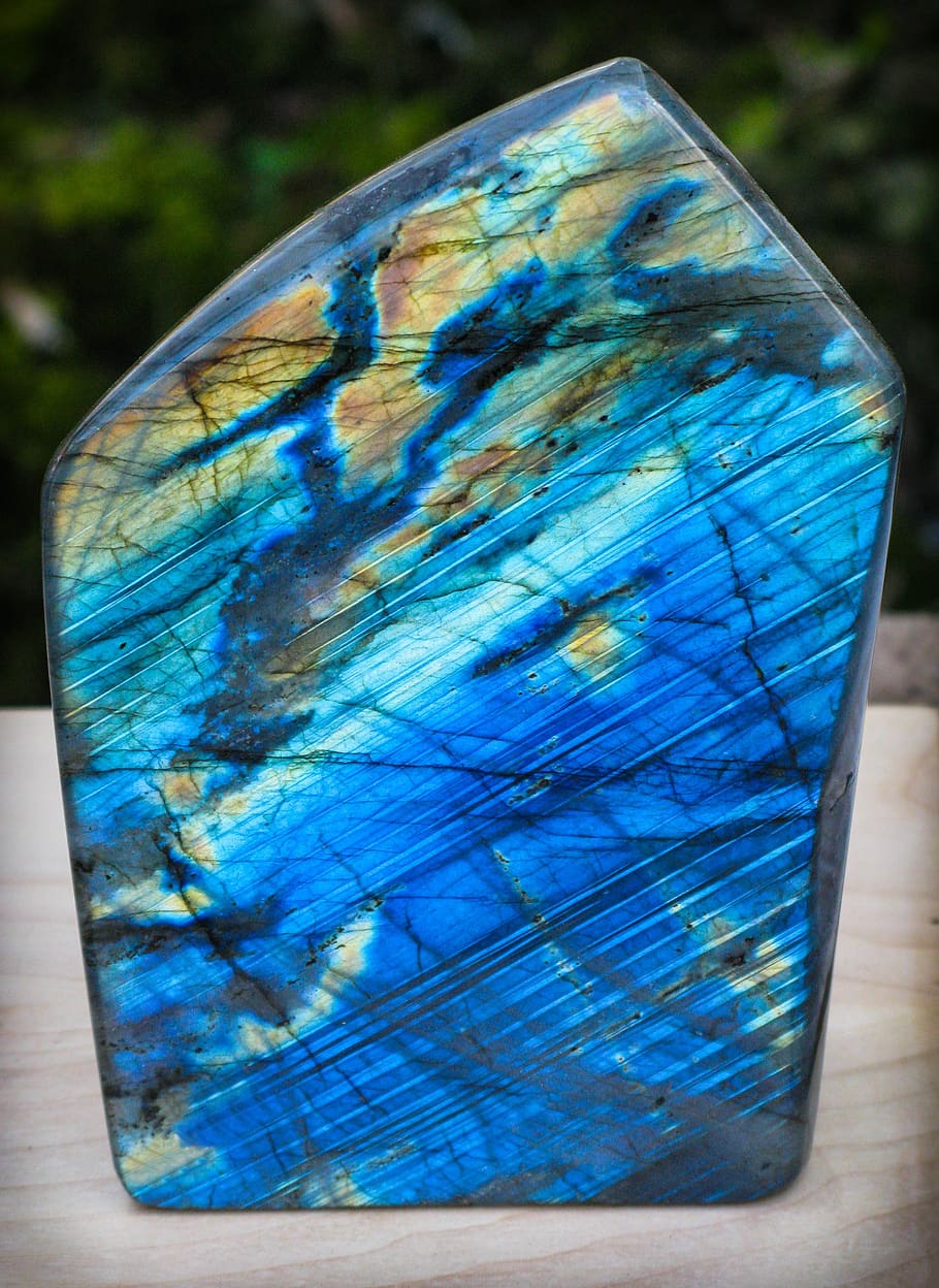 labradorite, mineral, stone, blue shimmering, gem, blue, close-up, nature, day, focus on foreground