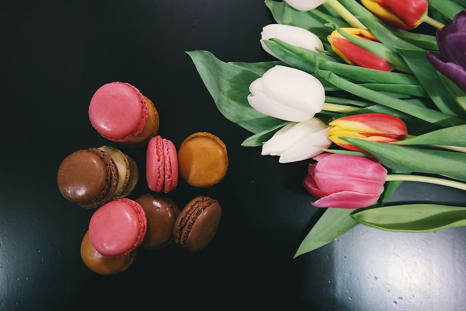 fotografia plana, francês, macaroons, flores, branco, rosa, tulipas, flor, biscoitos, sobremesa